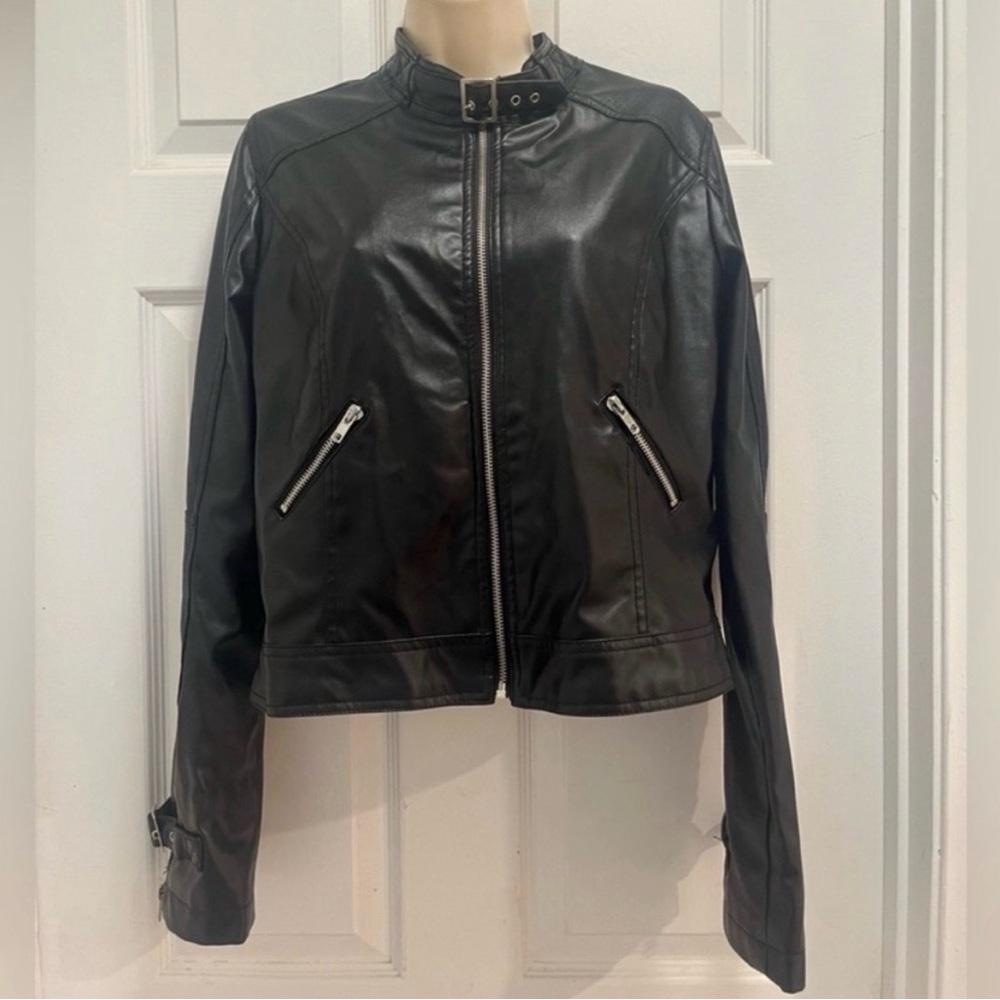 Poetry Clothing Black Faux Leather Vegan Motorcycle Jacket - Edgy - Large -EUC